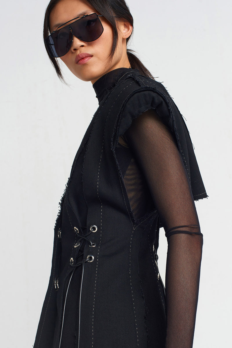 Nu Shoulder Pad, Bird-Eye Detailed Long Panel Jacket Black