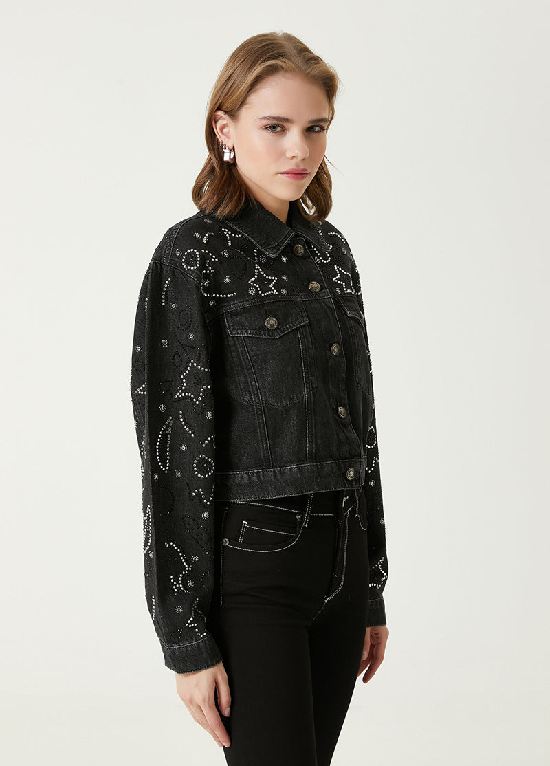 Beymen Club Hotfix Trim Crop Jean Jacket Black