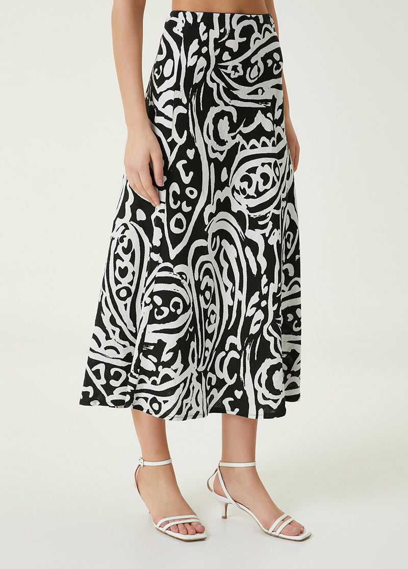 Beymen Club Paisley Patterned Long Linen Skirt Black/White