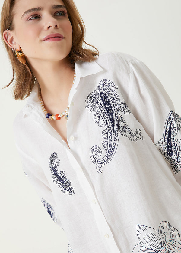 Beymen Club Paisley Embroidered Linen Shirt White