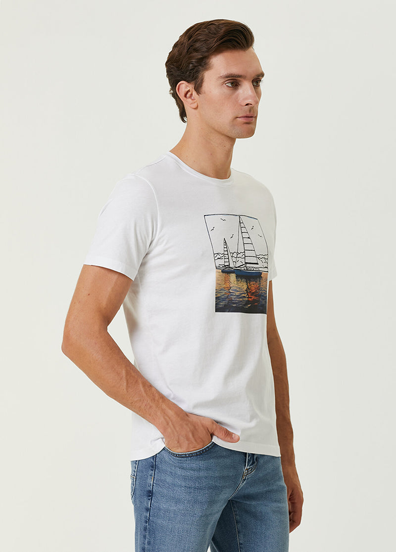 Beymen Club Men Sea Printed Sailing Embroidered T-Shirt White