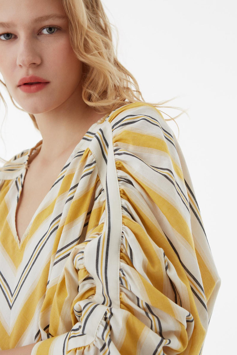 Exquise Blouse V-Stripe Wide Sleeve Yellow - Wardrobe Fashion