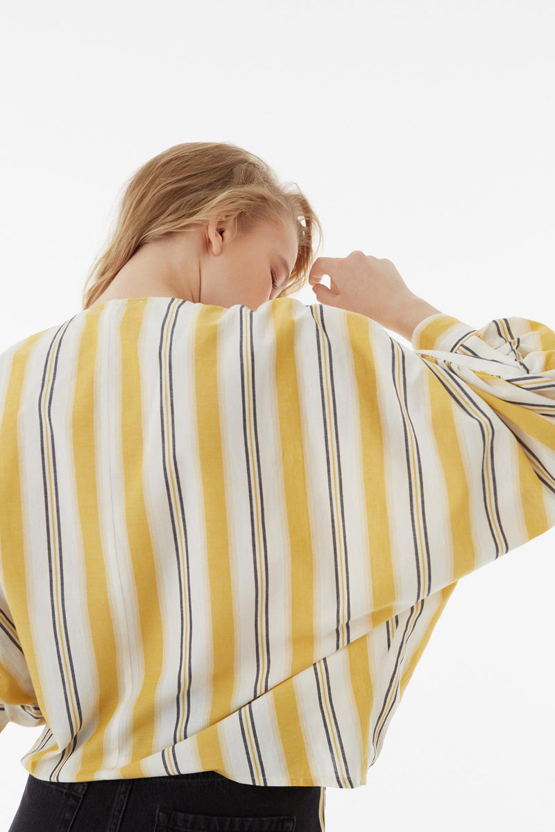 Exquise Blouse V-Stripe Wide Sleeve Yellow - Wardrobe Fashion