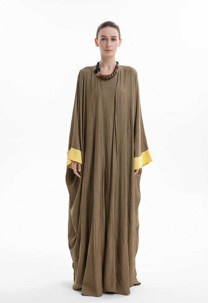 Choice Solid Abaya With Contrast Sleeve Hem Khaki