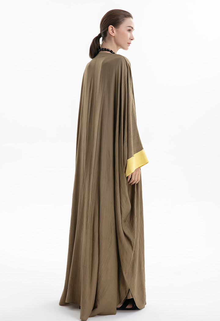 Choice Solid Abaya With Contrast Sleeve Hem Khaki