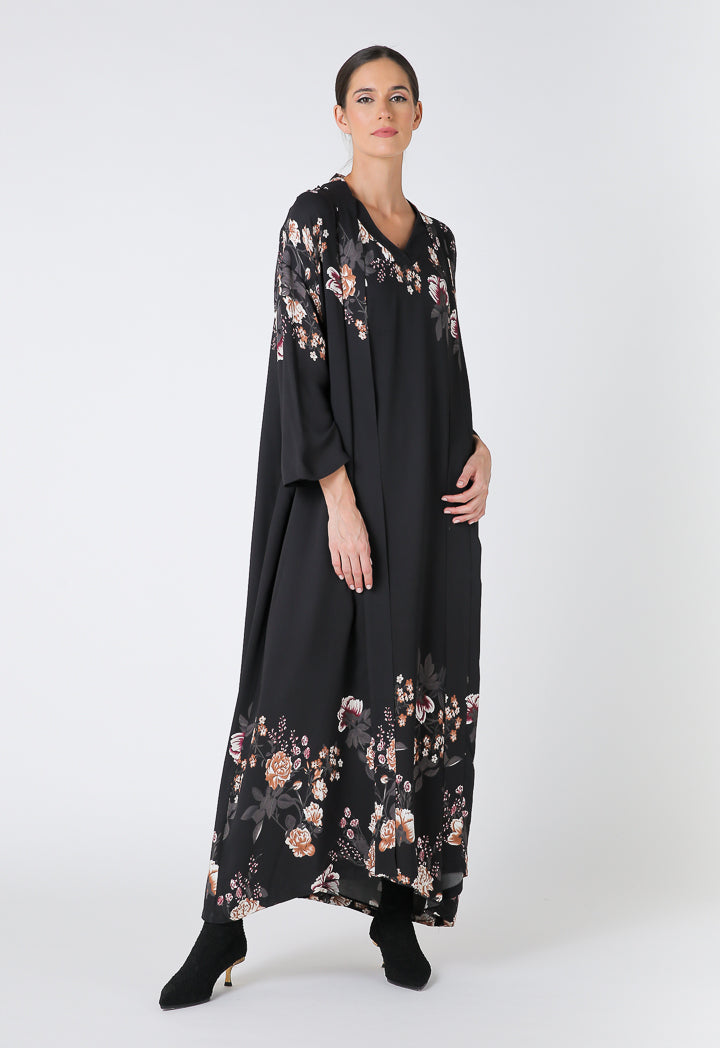 Choice Floral Print Open Front Maxi Abaya Black