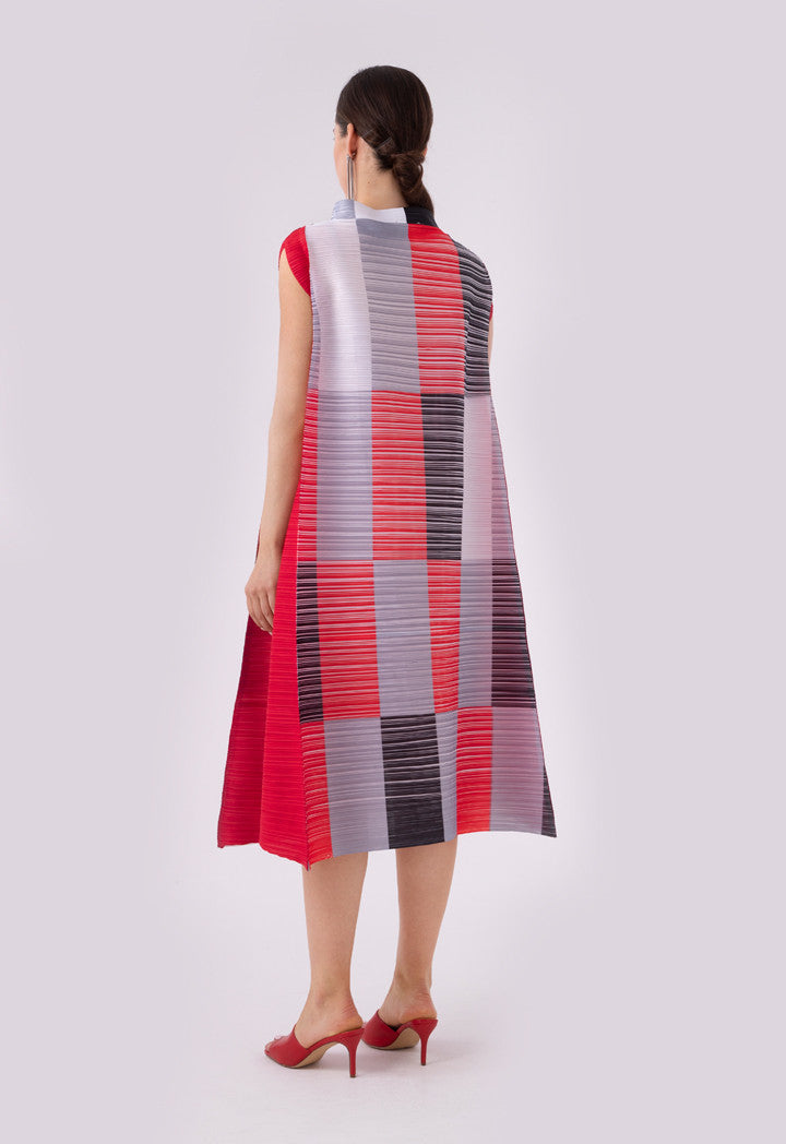 Choice Electric Pleated Color Block Stand Collar Sleeveless Dress Multi Color