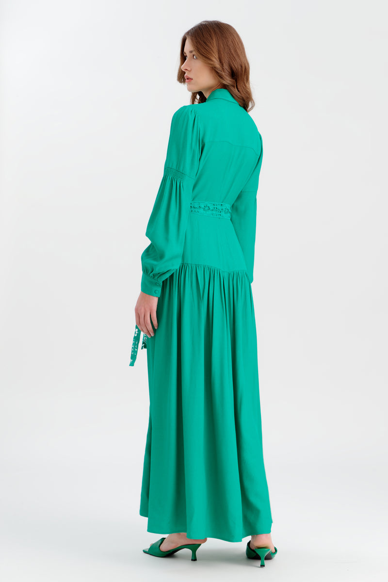 Choice Long Textured Dress With Lace Belt Green