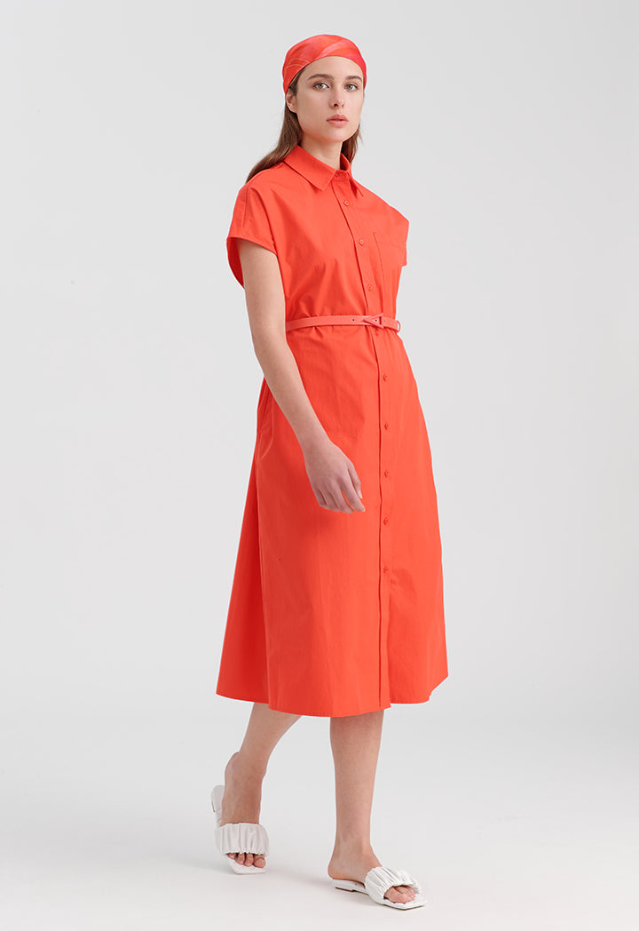 Choice Solid Shirt Dress With Belt Coral Red