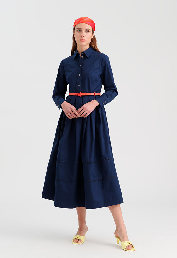 Choice Solid Dress With Pleated Waist Navy