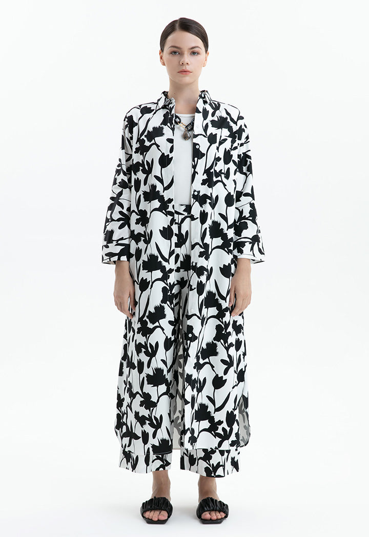 Choice Leaf Printed Two Tone Maxi Abaya White/Black