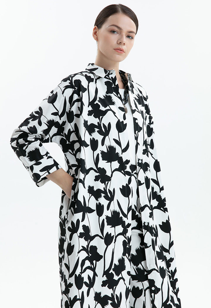 Choice Leaf Printed Two Tone Maxi Abaya White/Black