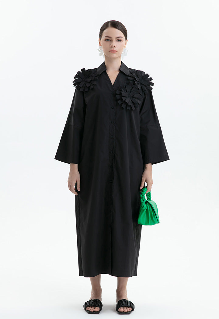 Choice Solid Front Ruffles Maxi Shirt Dress Black