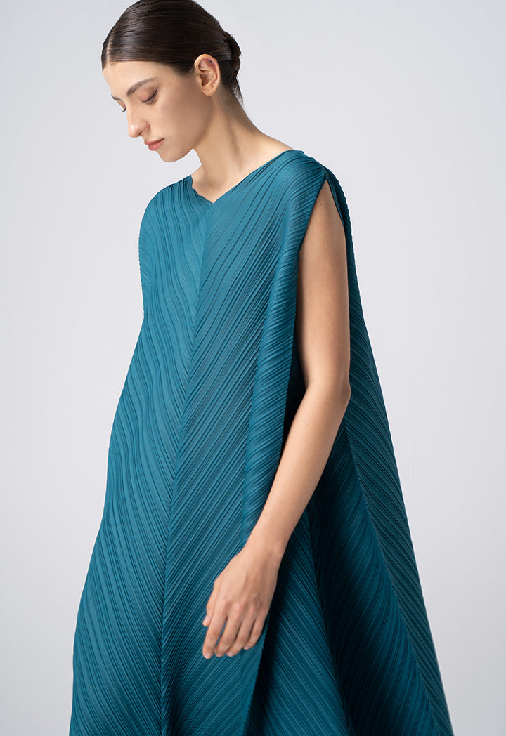 Choice Solid Sleeveless Pleated Asymmetrical Dress Teal