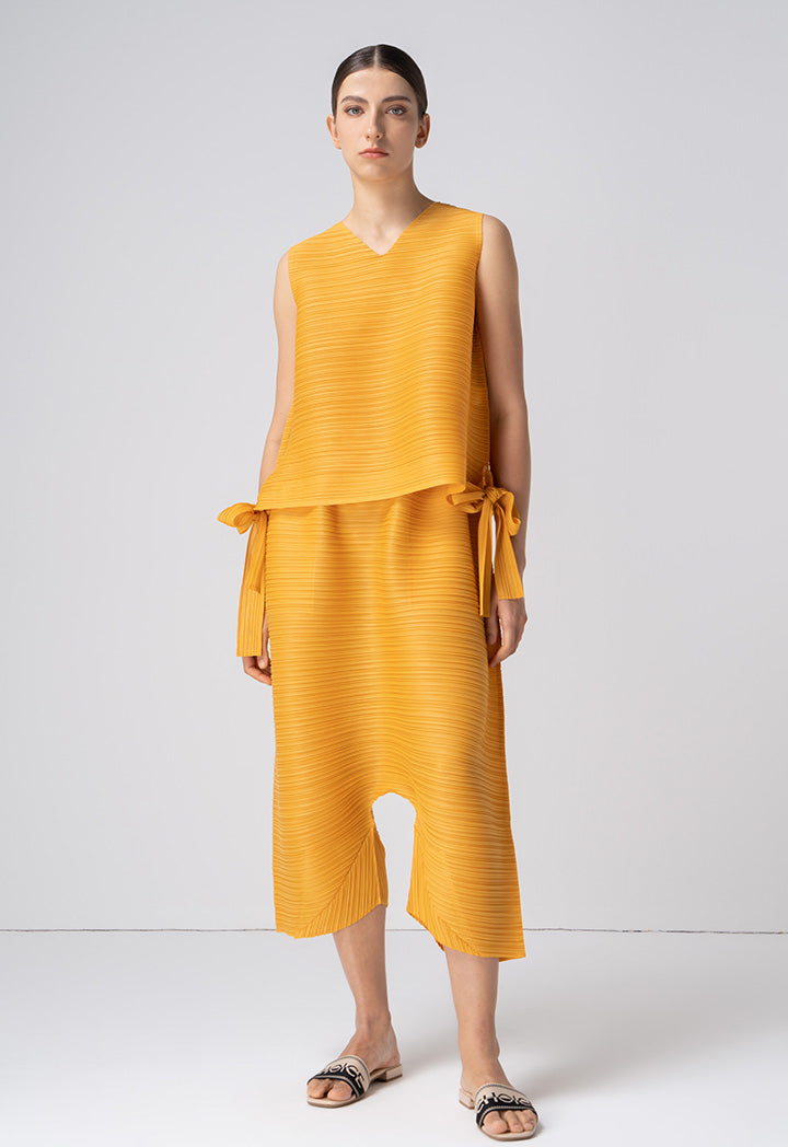 Choice Allover Pleated Top With Tie Detail Mustard