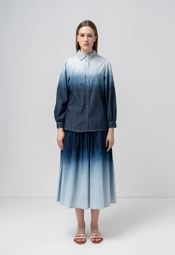 Choice Box Pleated Ombre Flared Denim Skirt Blue