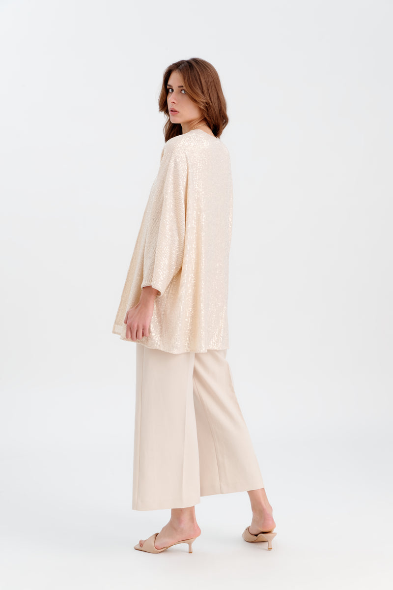 Choice Front Open Sequenced Short Kimono Beige