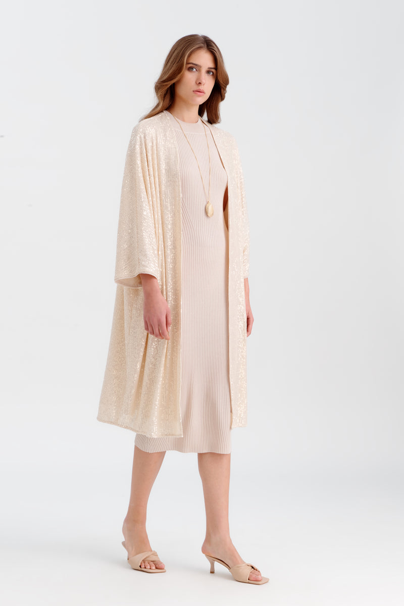 Choice Front Open Midi Sequenced Kimono Beige