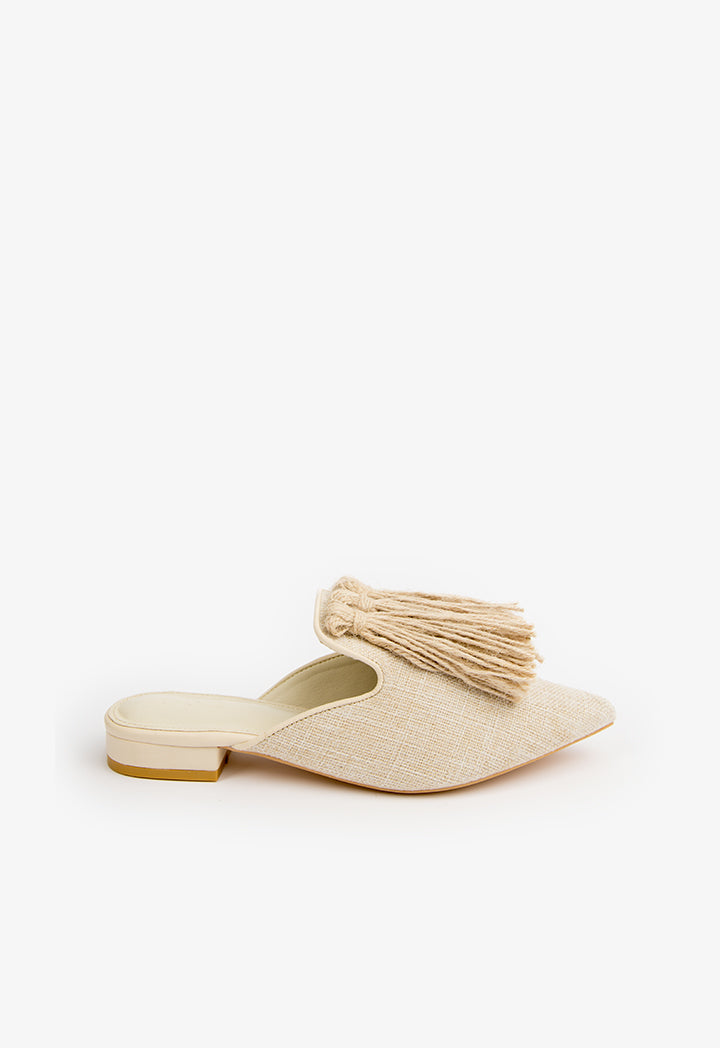 Choice Fringed Detail Flat Mules Light Beige