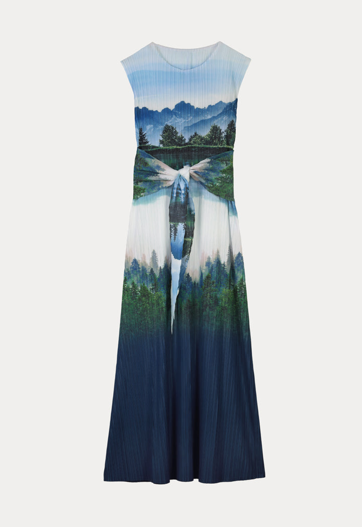 Choice Printed Pleated Midi Dress Navy