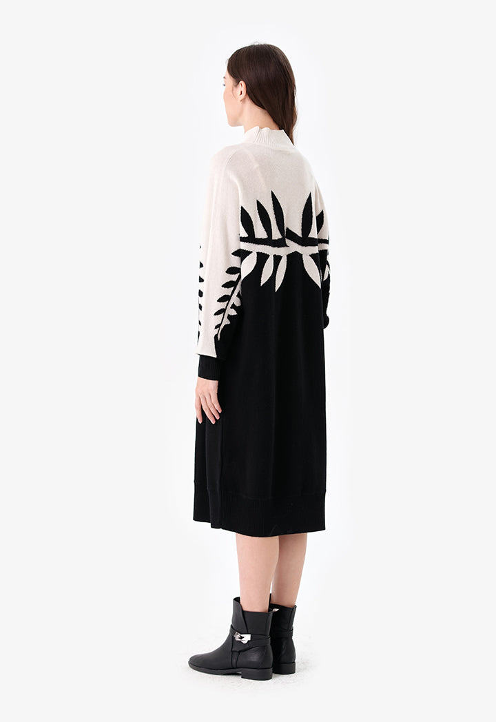 Choice Leaf Pattern Midi Dress Black