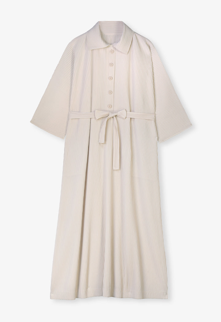 Choice Pleated Belted Oversize Maxi Dress Cream