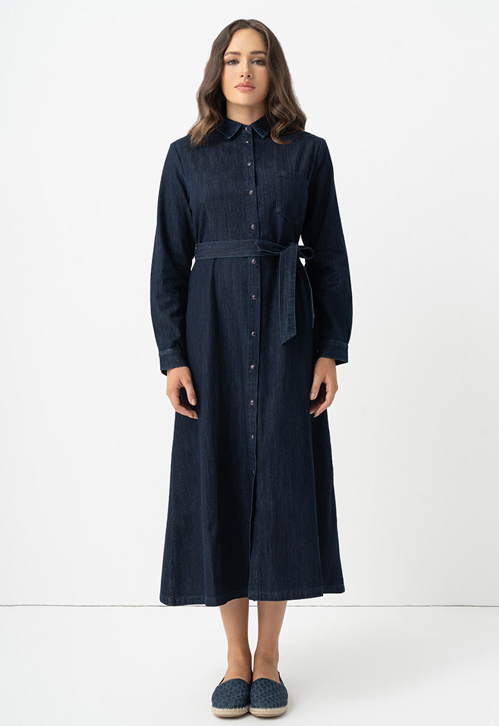 Choice Long Sleeves Denim Belted Shirt Dress Denim Blue