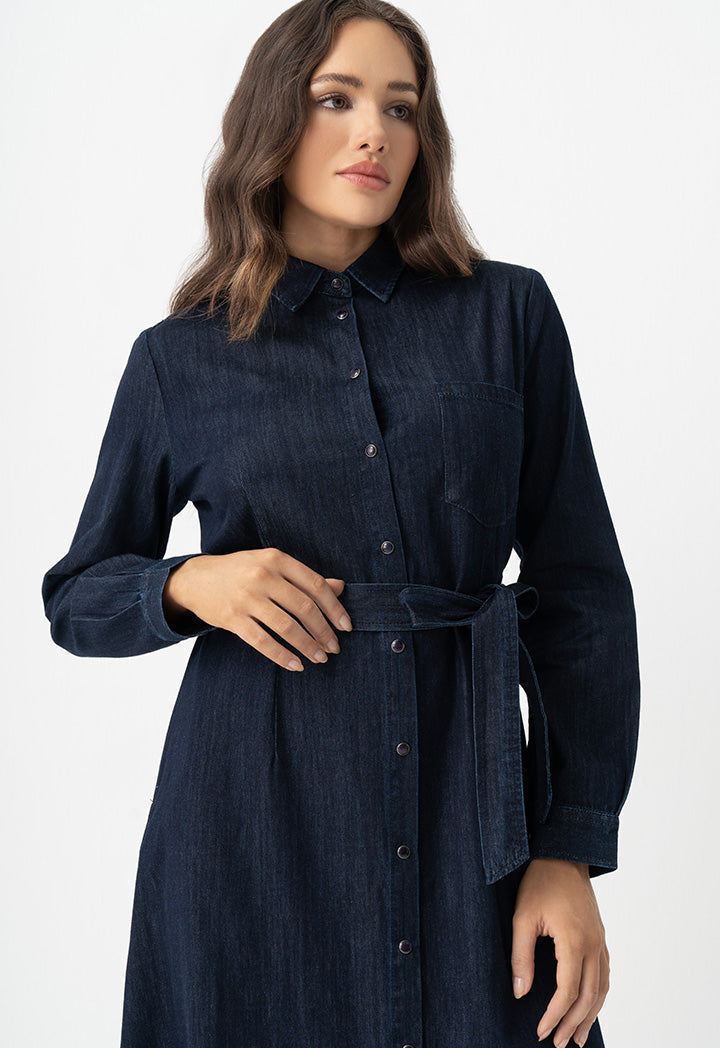 Choice Long Sleeves Denim Belted Shirt Dress Denim Blue