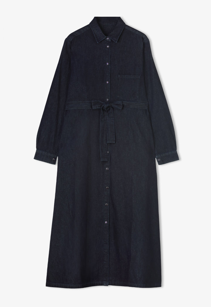 Choice Long Sleeves Denim Belted Shirt Dress Denim Blue