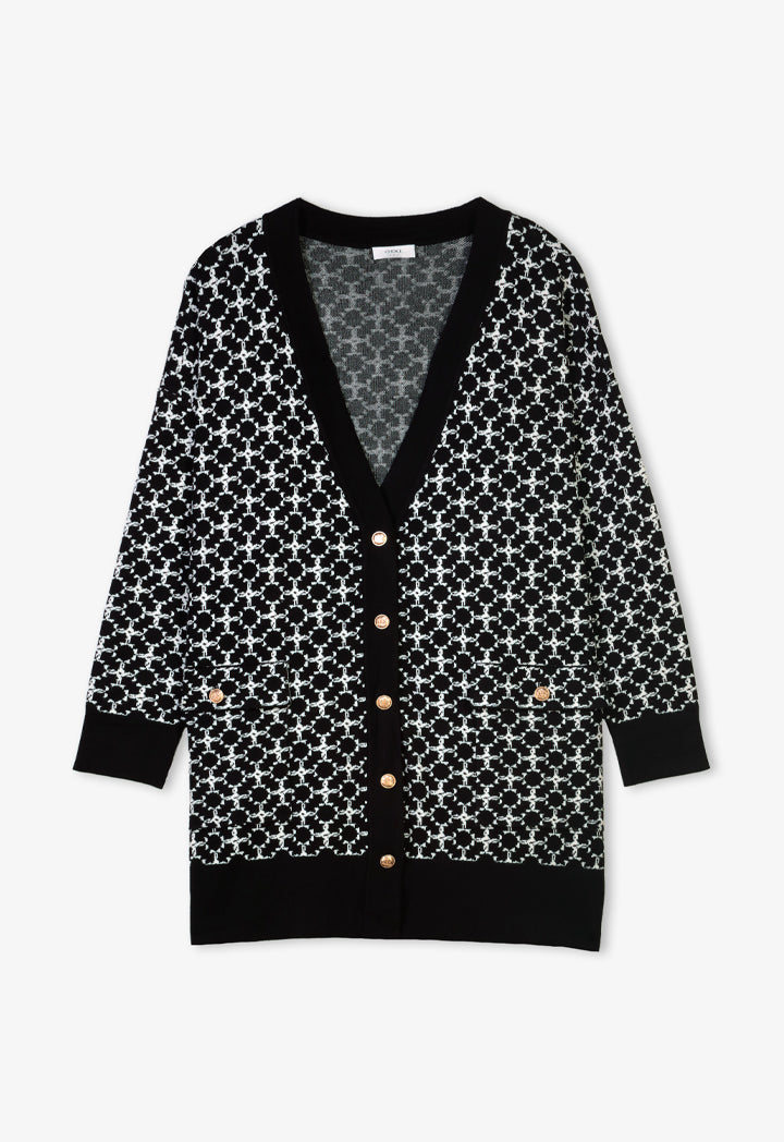 Choice Contrast Long Sleeves Knitted Monogram Cardigan Black/Cream