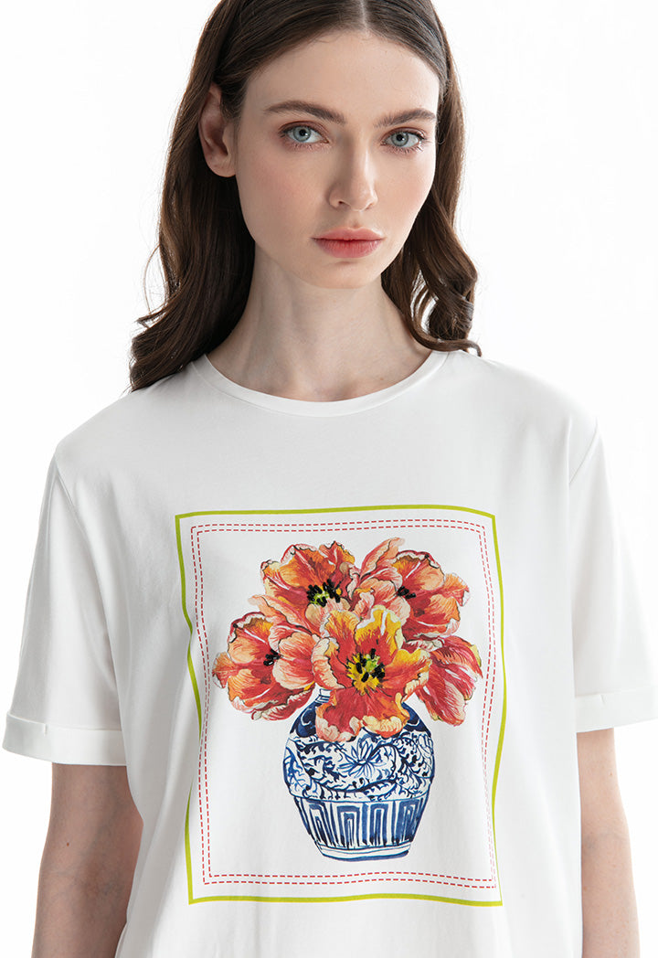 Choice Square Floral Printed T-Shirt Offwhite