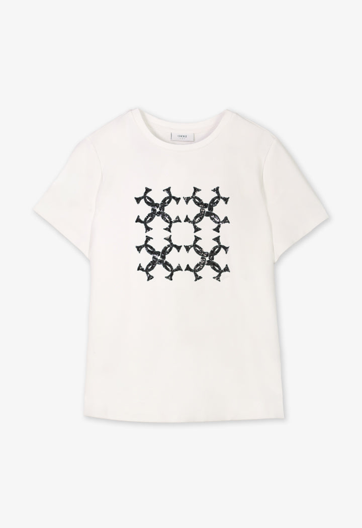 Choice Solid Sequin Monogram T-Shirt Off White