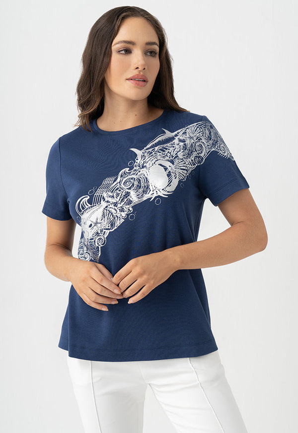 Choice Short Sleeves Printed Motif T-Shirt Navy