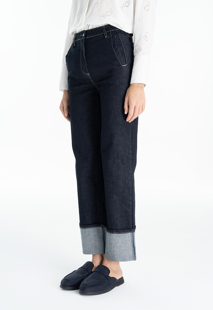 Choice Folded Hem Denim Pants Navy