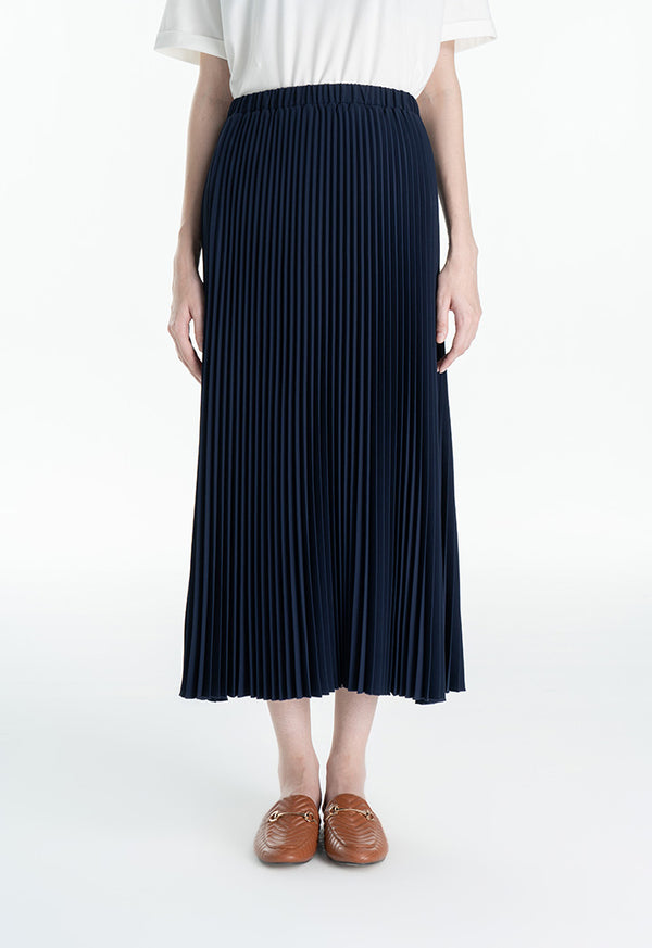 Choice Pin Pleated Maxi Solid Skirt Navy