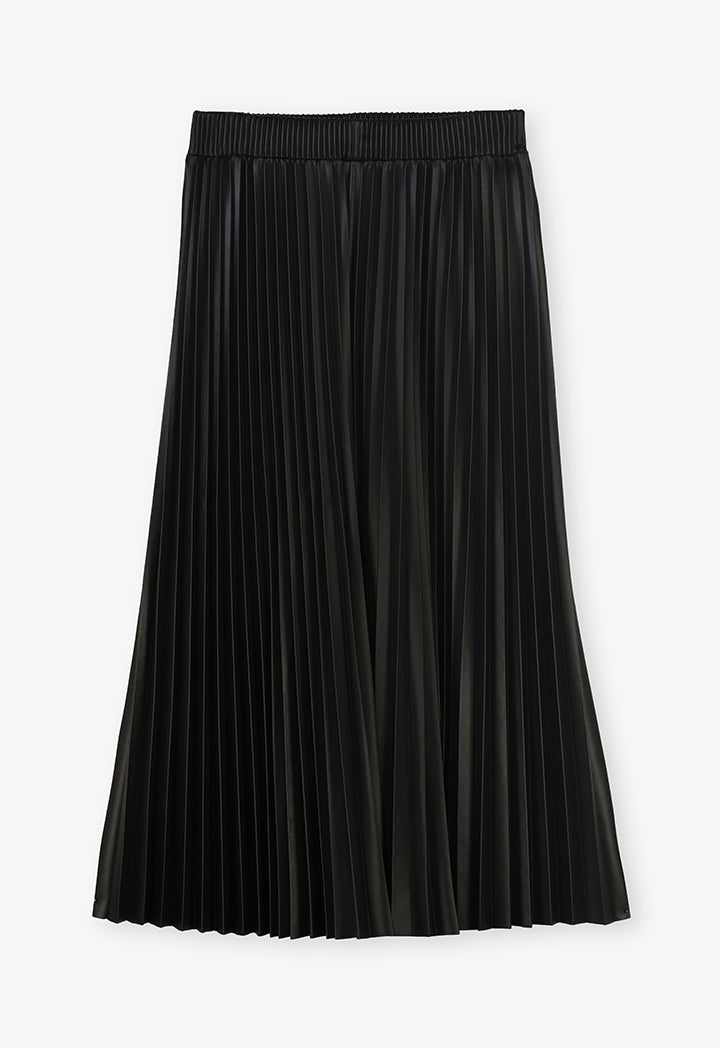 Choice Single Tone Faux Leather Pleated Skirt Black