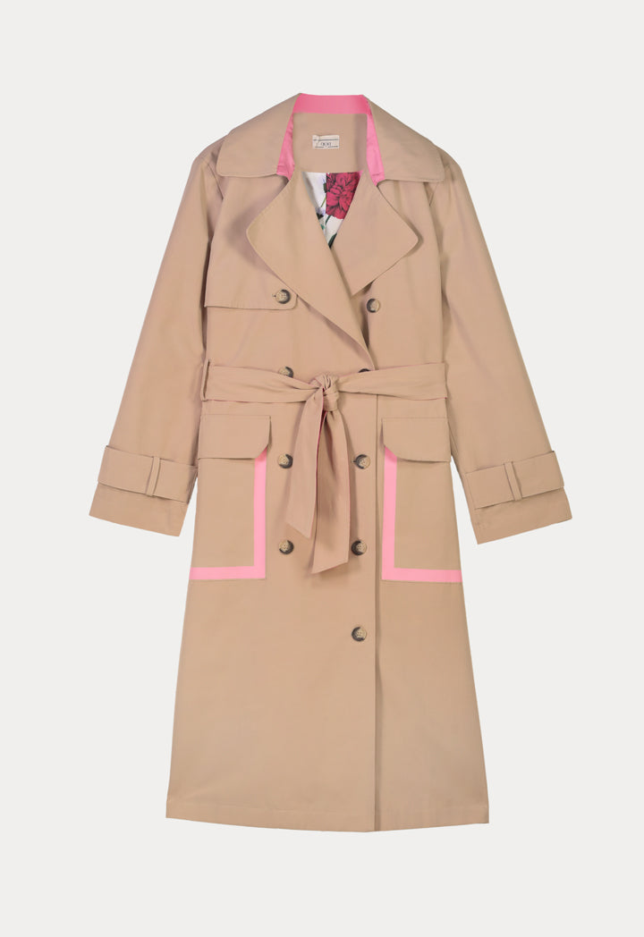 Choice Double Breasted Coat With Self Belt Beige