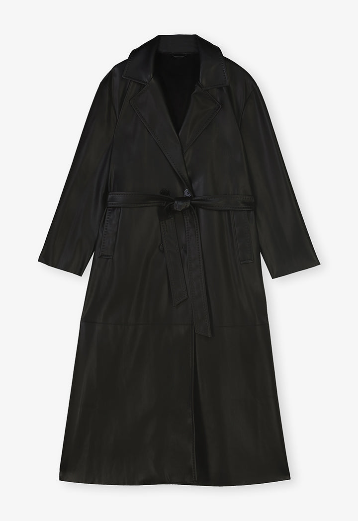 Choice Synthetic Leather Belted Maxi Trench Coat Black