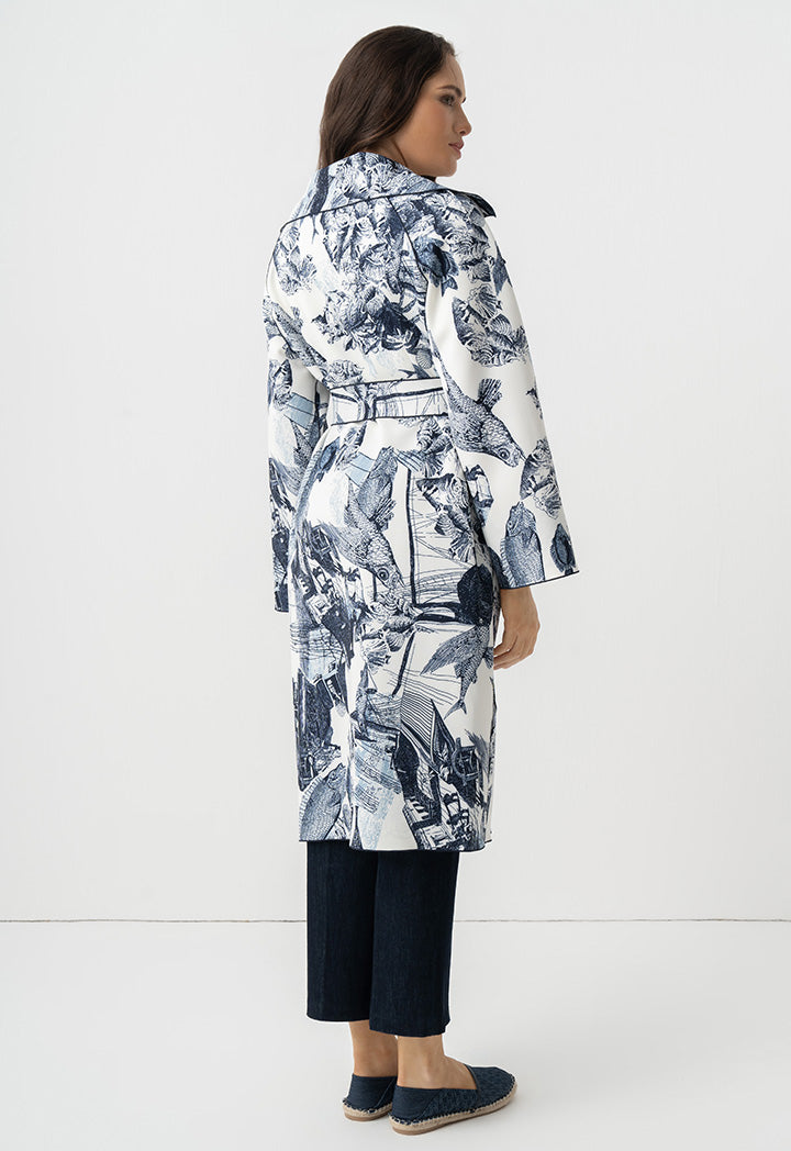 Choice Fish Printed Belted Midi Abaya Off White