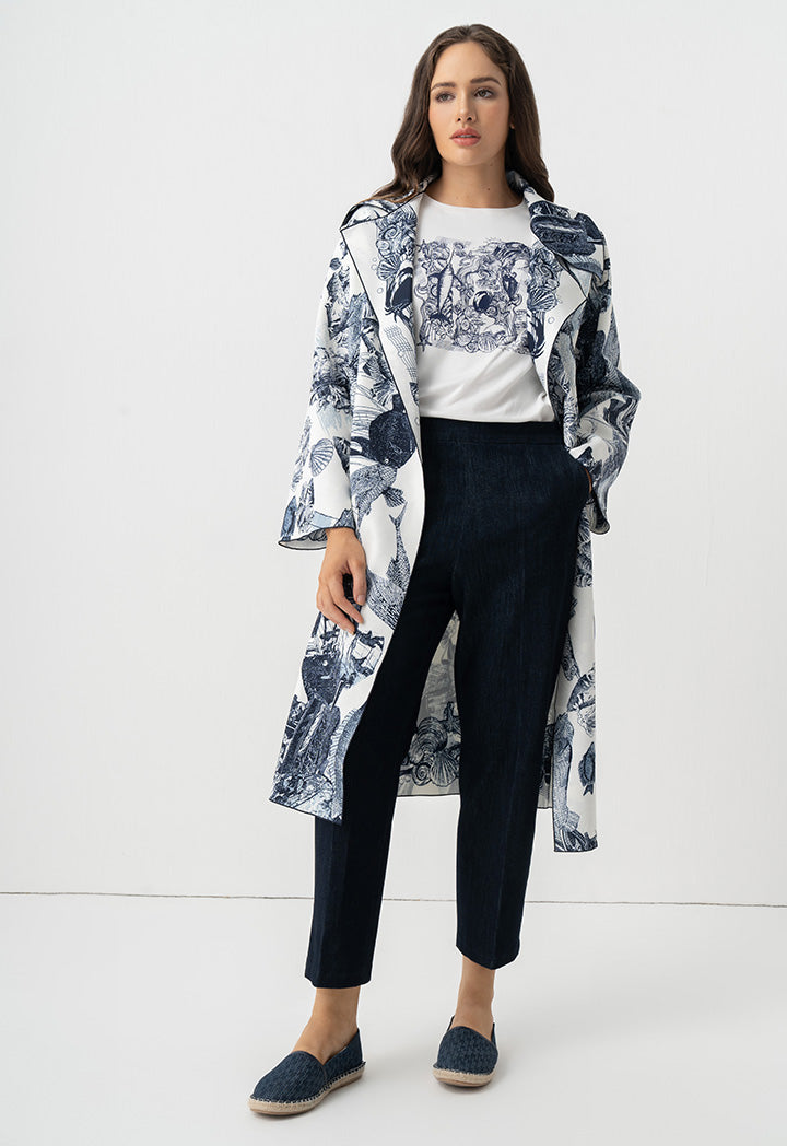 Choice Fish Printed Belted Midi Abaya Off White