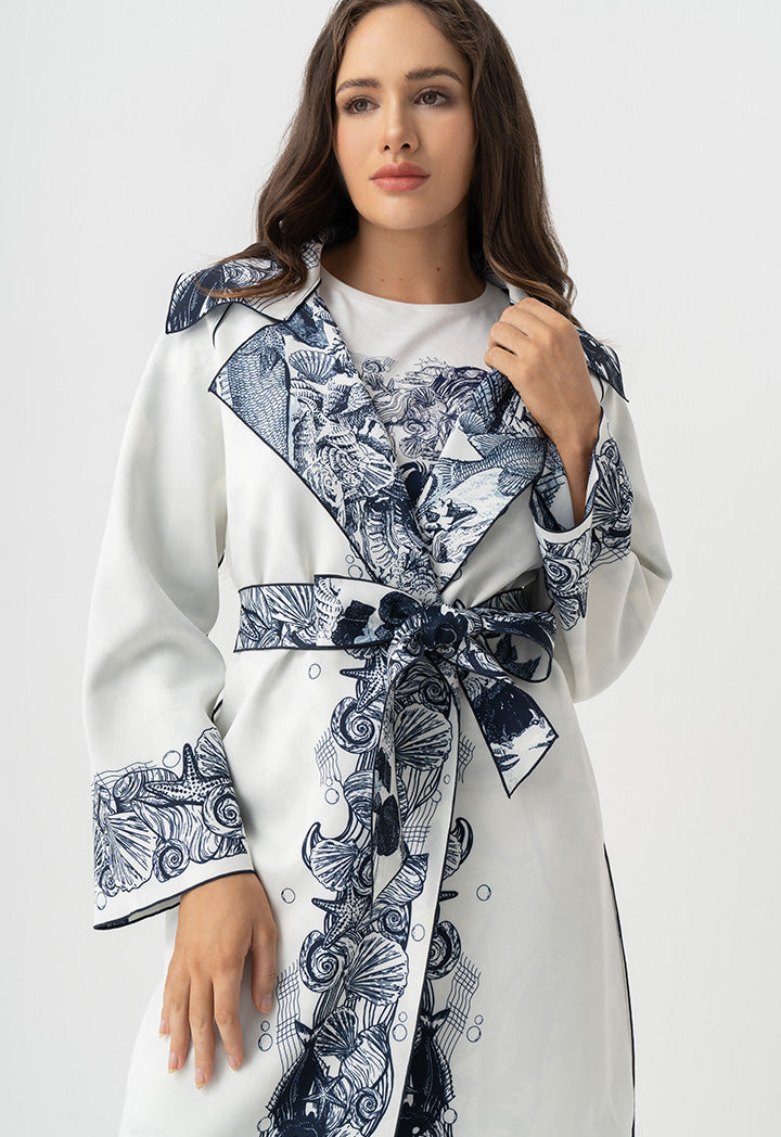 Choice Fish Printed Belted Midi Abaya Off White