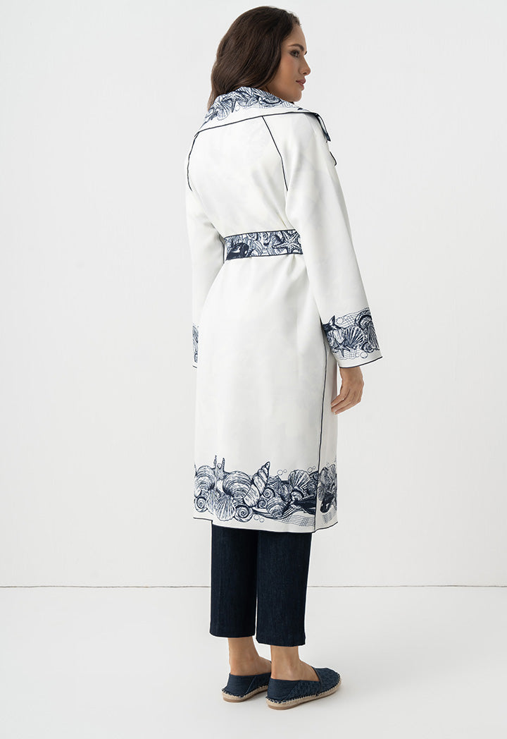 Choice Fish Printed Belted Midi Abaya Off White