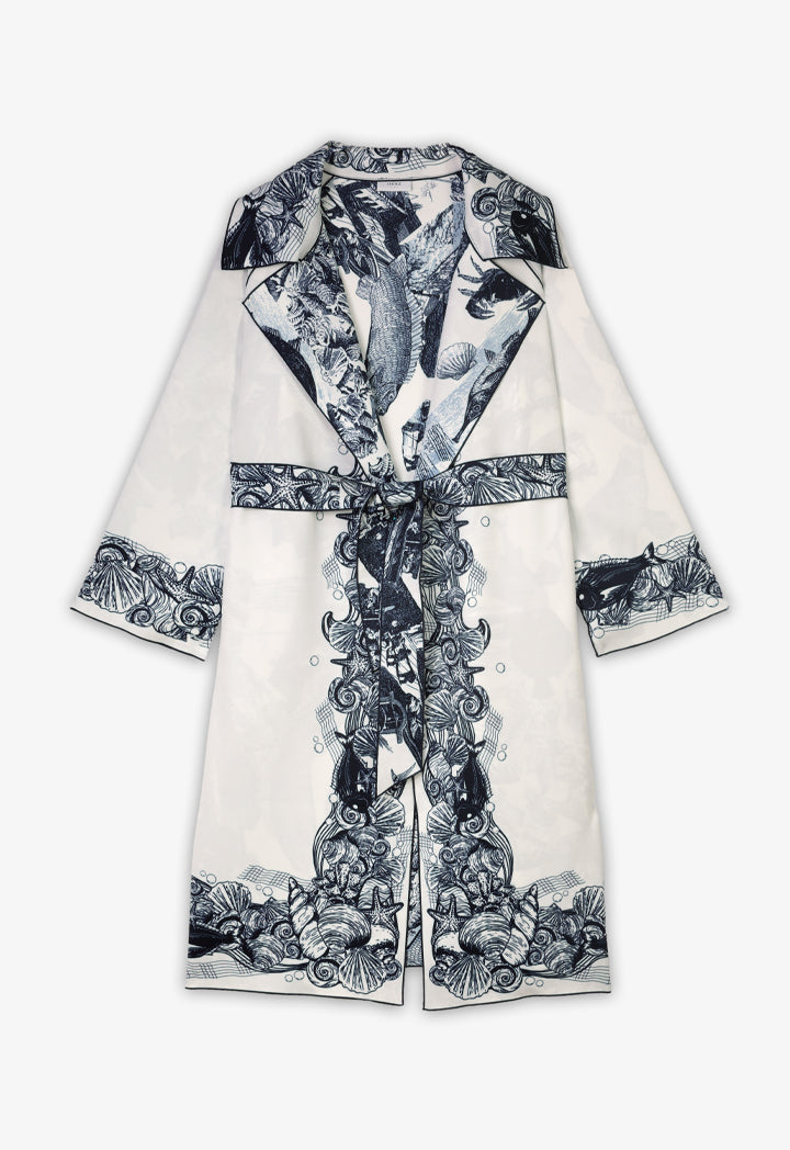 Choice Fish Printed Belted Midi Abaya Off White