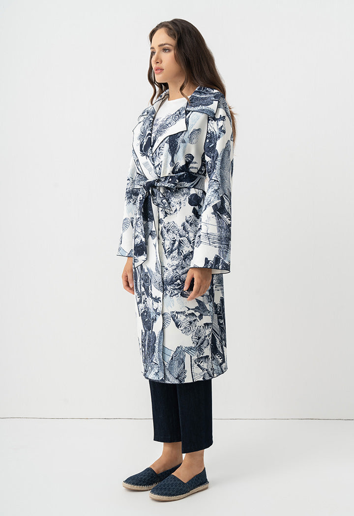 Choice Fish Printed Belted Midi Abaya Off White