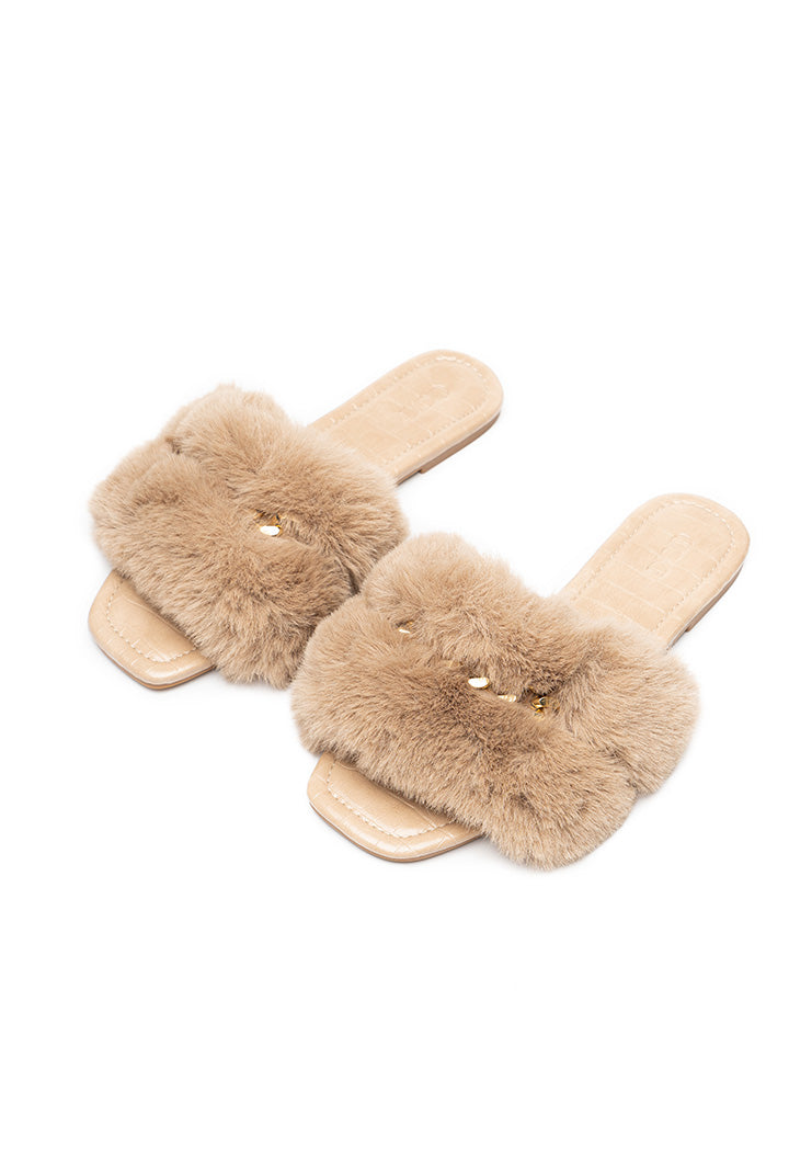 Choice Fluffy Faux Fur Chain Sandal Beige