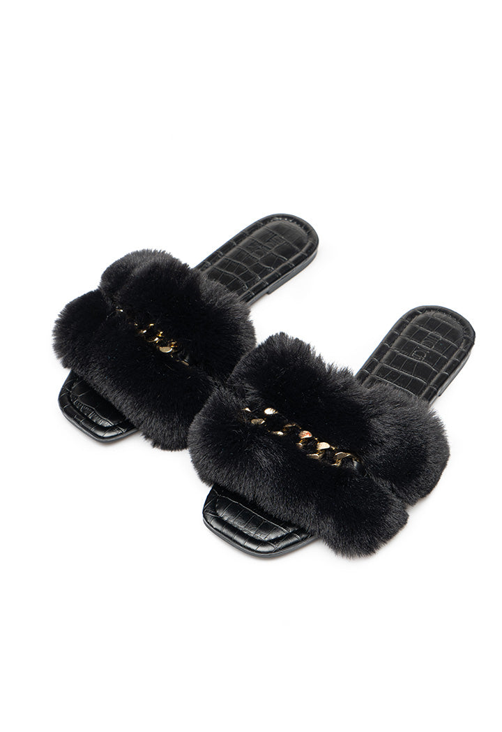 Choice Fluffy Faux Fur Chain Sandal Black