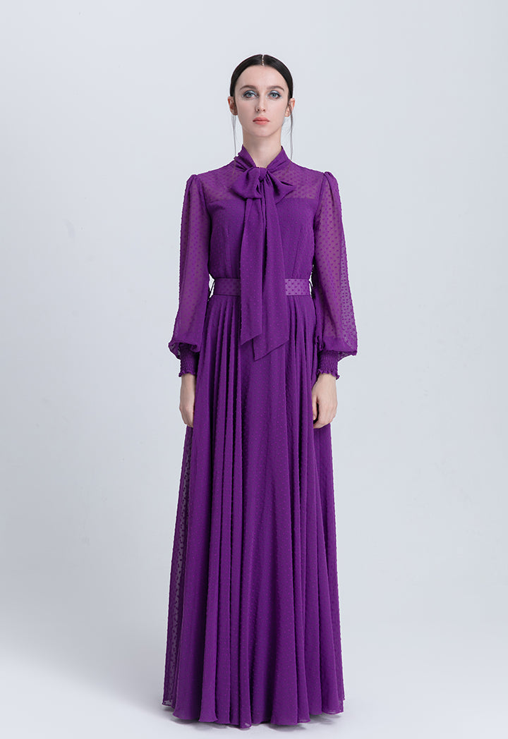 Choice Tie Neck Smocked Sleeve Maxi Dress Purple