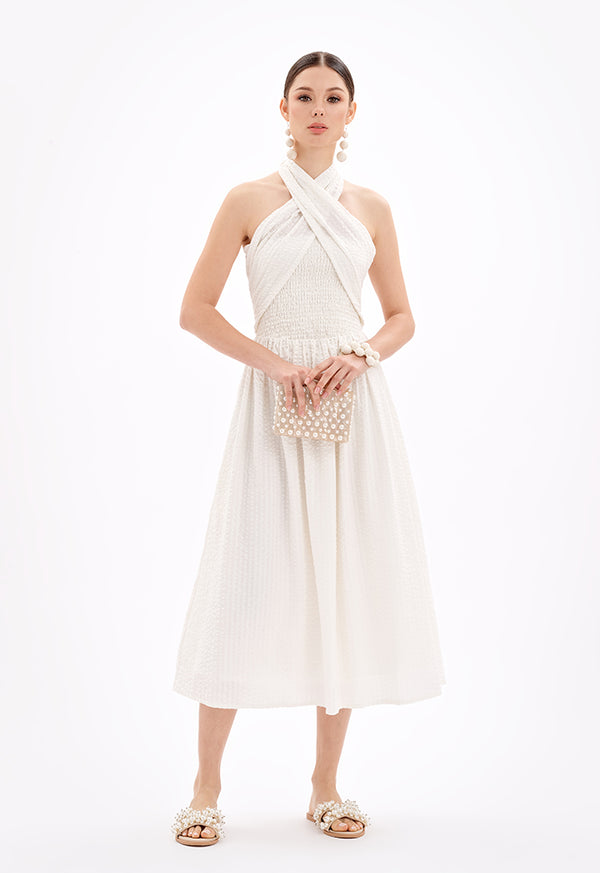 Choice Sleeveless Halter Neck Textured Midi Dress-Ramadan Style Off White