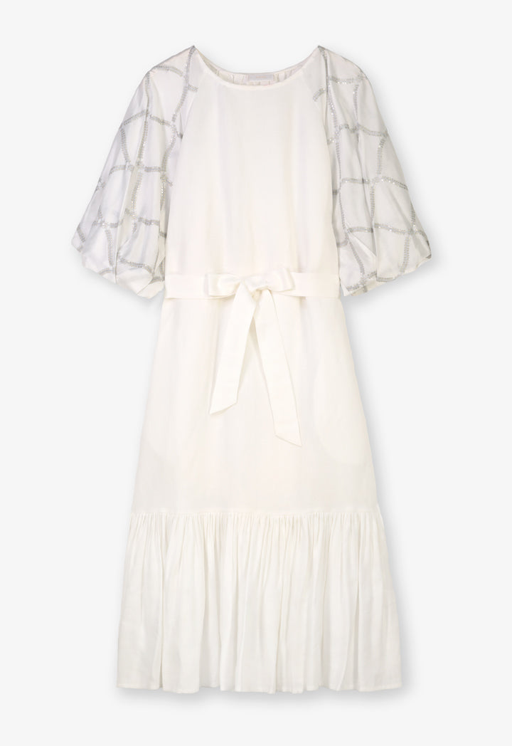 Choice Three Quarter Raglan Sleeves Belted Dress Offwhite