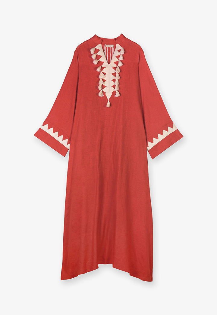 Choice Printed Embroidered Long Sleeve Maxi Dress Brick